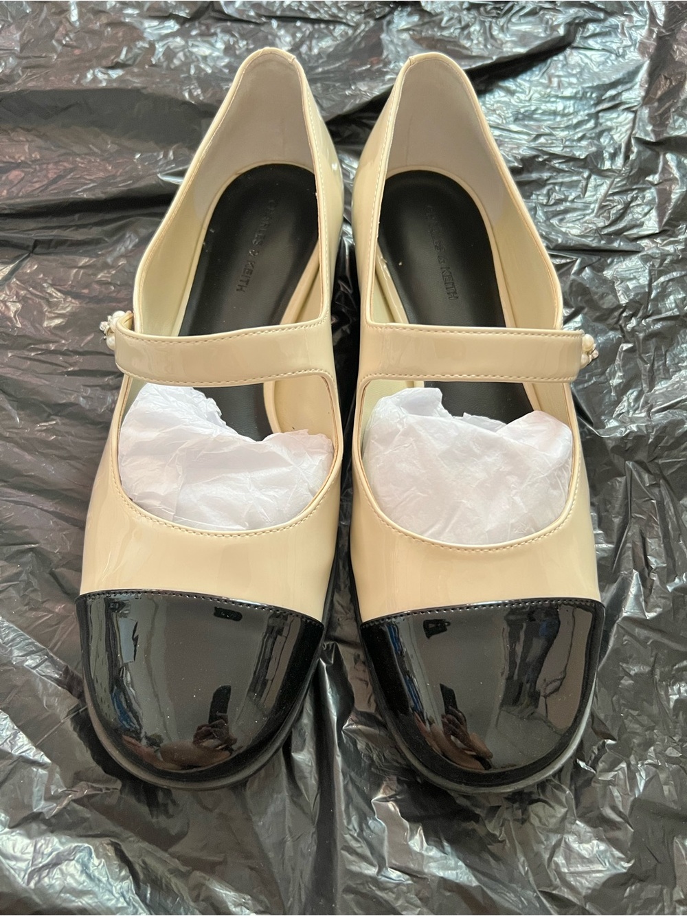 Charles & Keith Cream and Black Patent Mary Jane Flats
